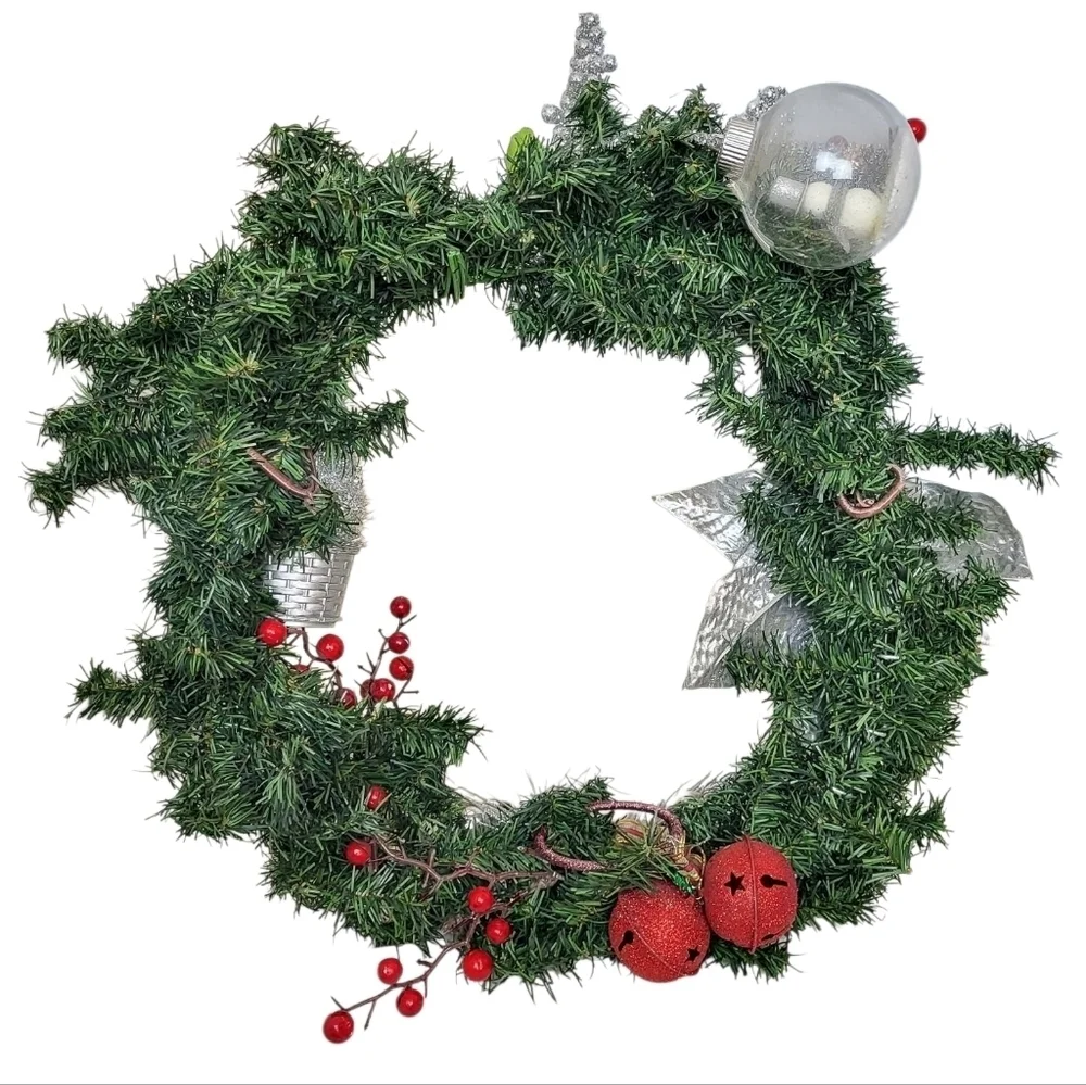 Handmade Christmas Wreath Silver Poinsettia & Red Berries Holiday Decor